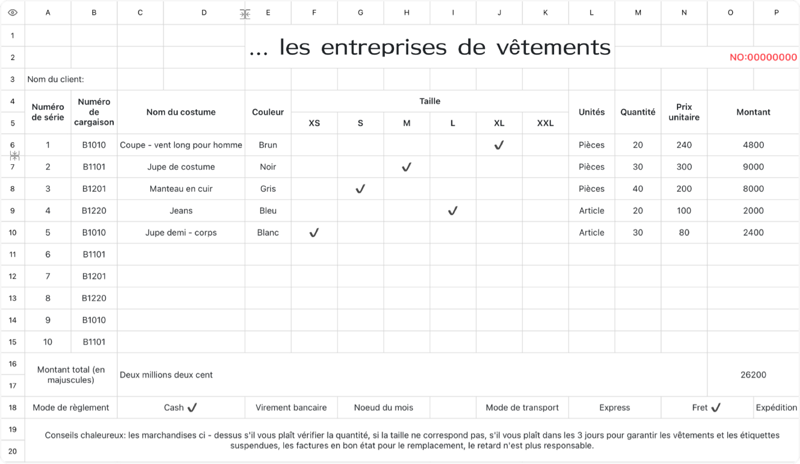 Formulaire de vente pour les entreprises de vêtements
